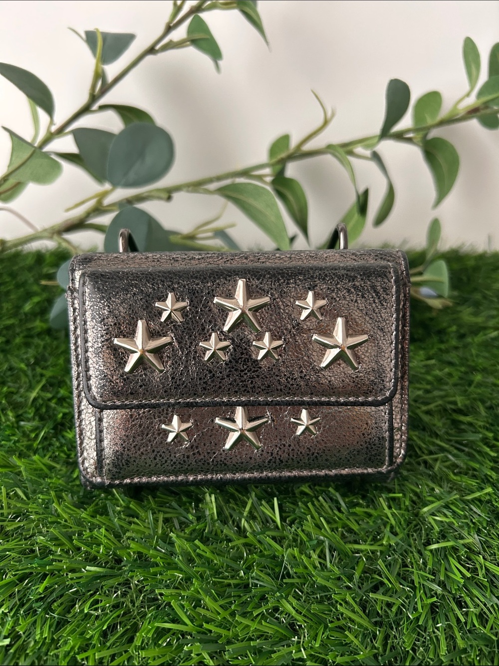Jimmy Choo Nemo Tri-fold Metallic Leather Wallet w/ Star Stud Embellishments